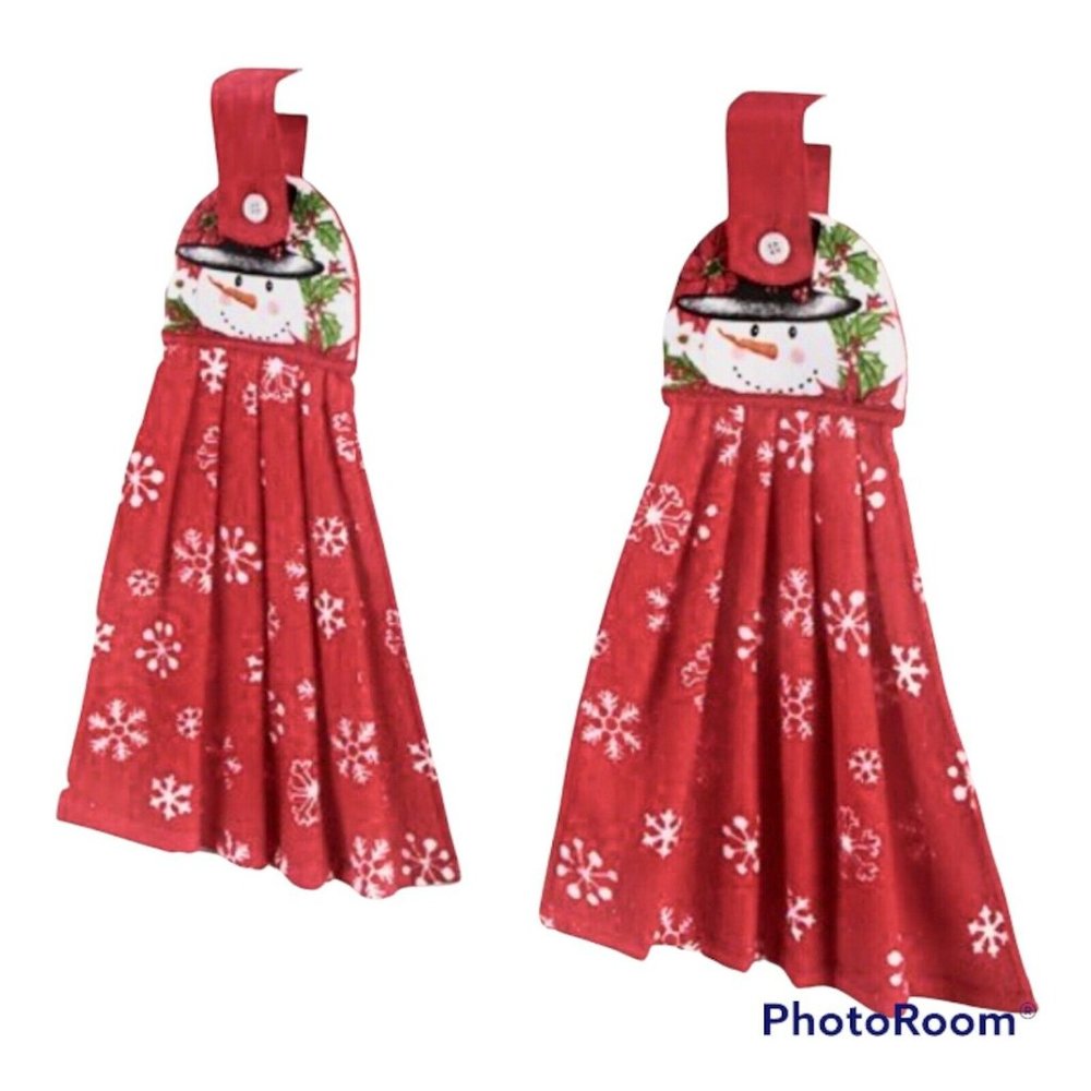 New Holiday Christmas Red Snowman 2 Piece Hanging Towel set 18"L x 15"W